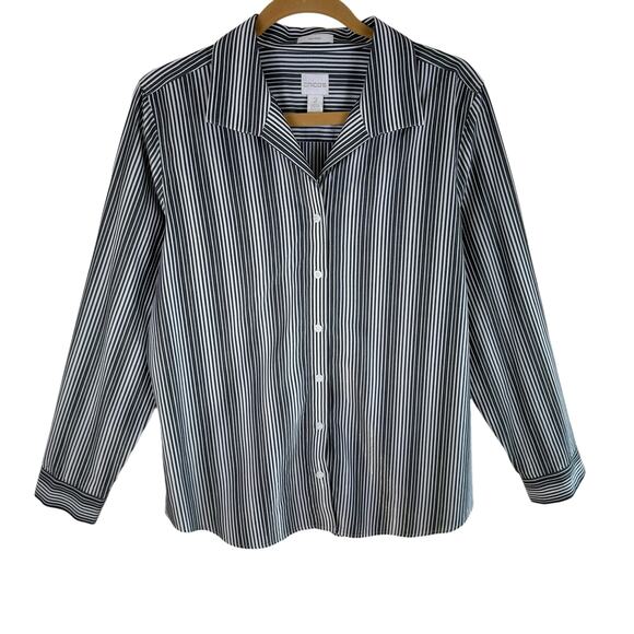 Chico's Gray White Striped Shimmery Gold Collared No Iron Button Up Shirt Size L - Picture 1 of 4